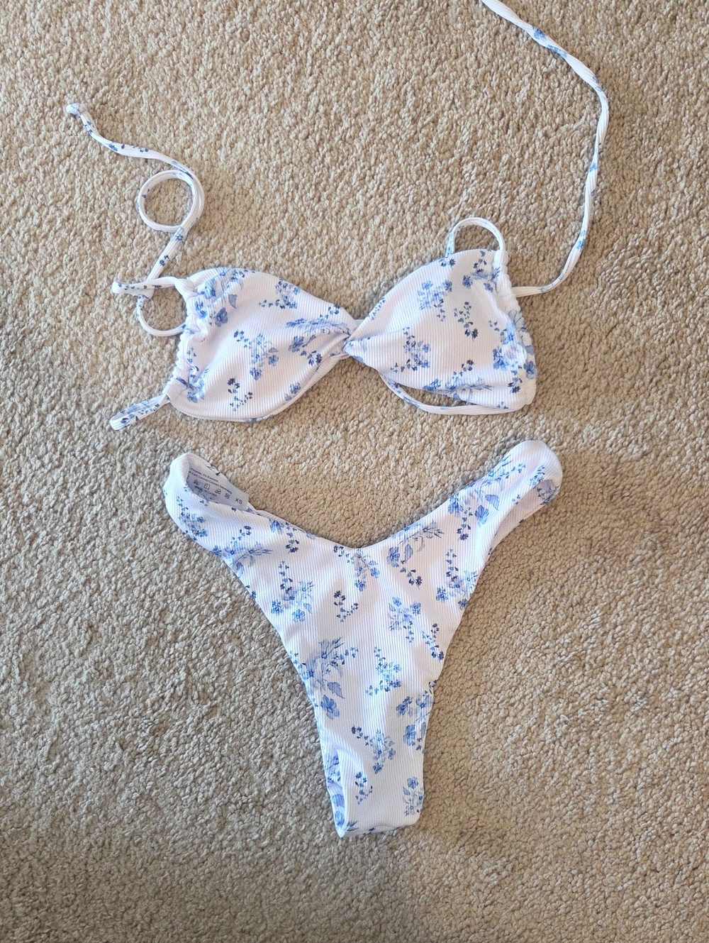 White & Blue Floral Bikini XS